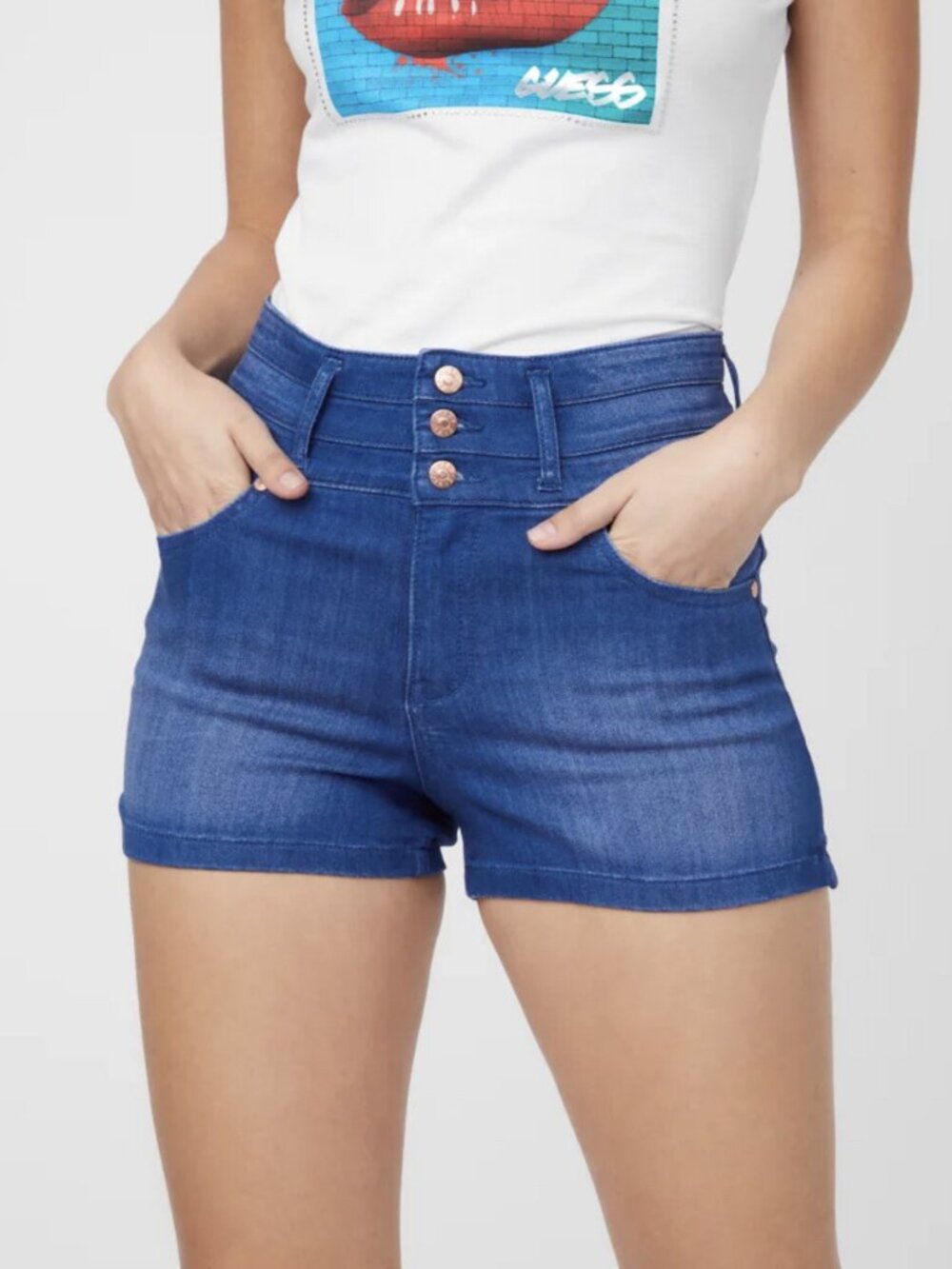 Guess High Waist Button Fly Stretch Denim Shorts Medium Blue Size 27